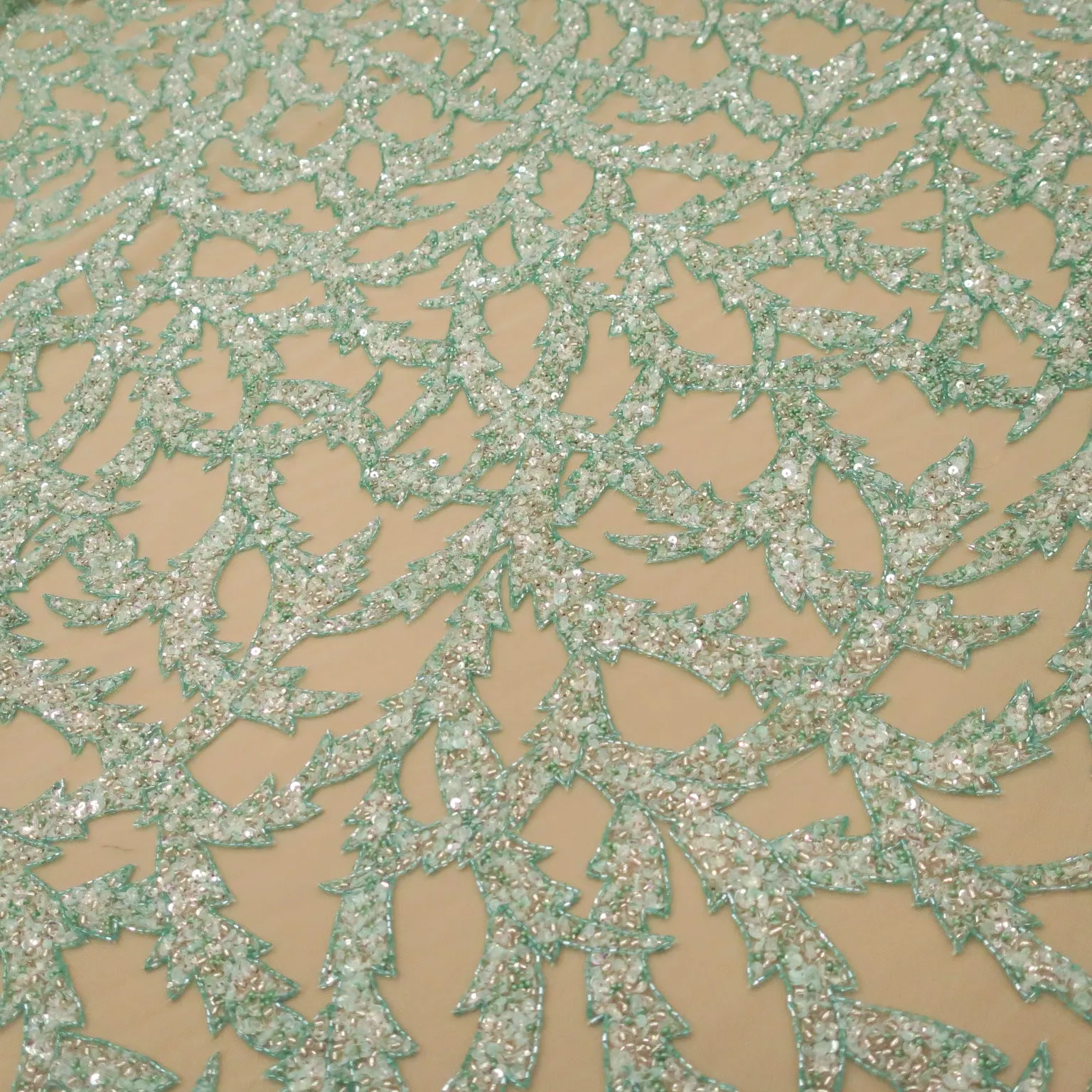 Mint Green Arabesques Embroidered Tulle Fabric