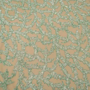 Mint Green Arabesques Embroidered Tulle Fabric