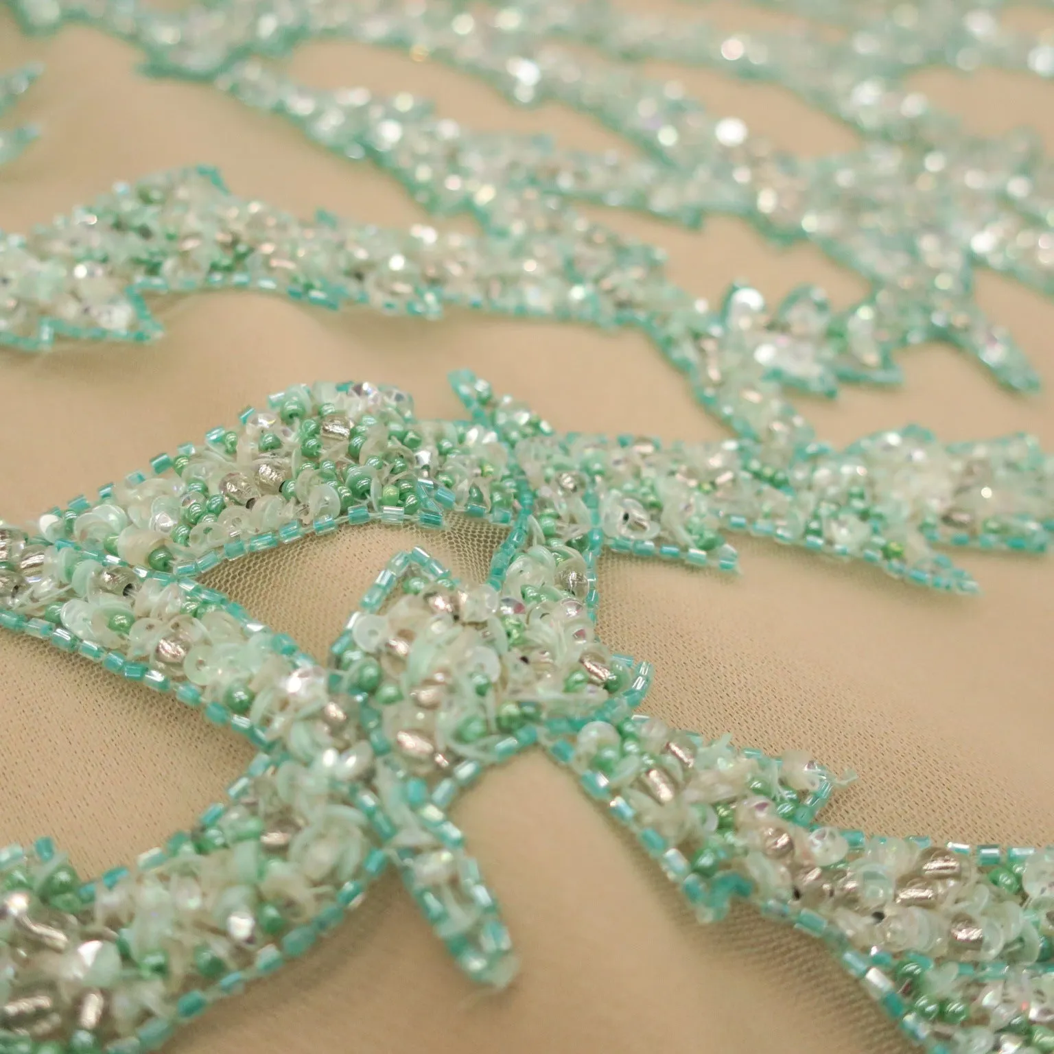 Mint Green Arabesques Embroidered Tulle Fabric