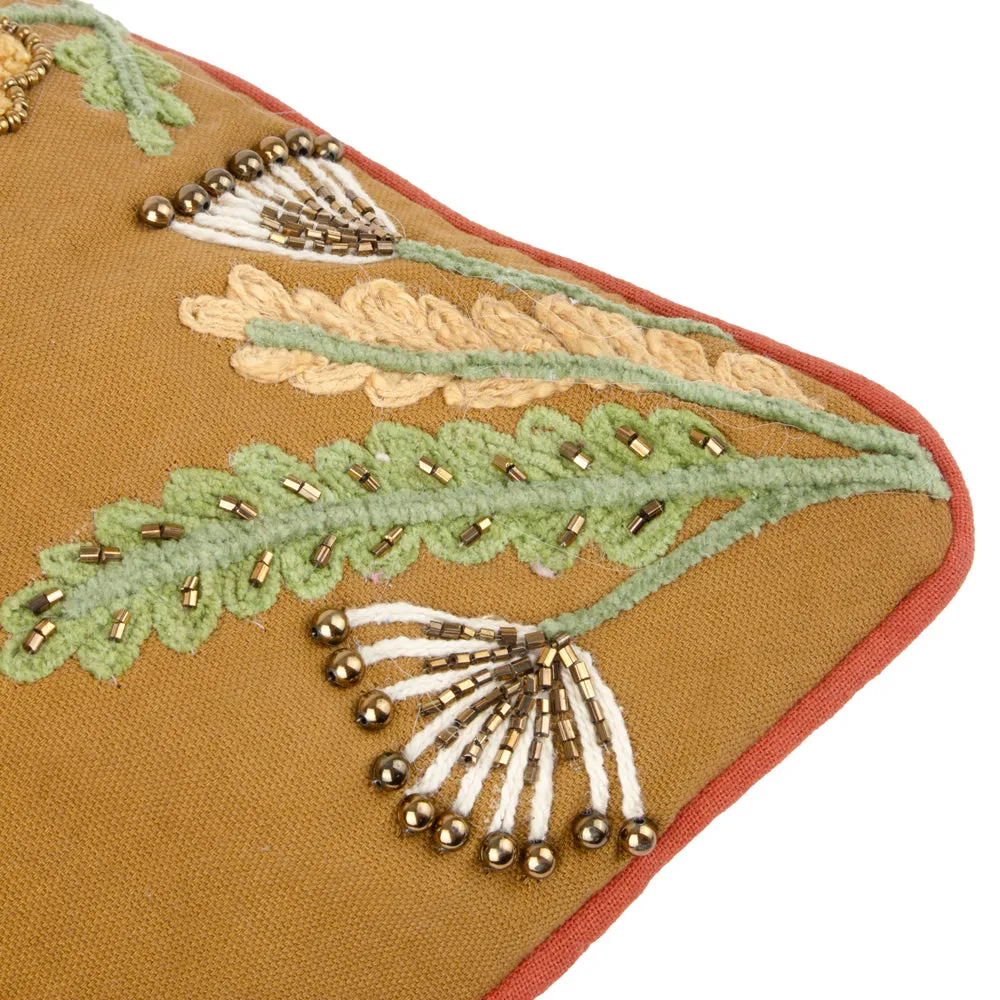 Mushroom Dell Embroidered Cotton Cushion Autumn Gold