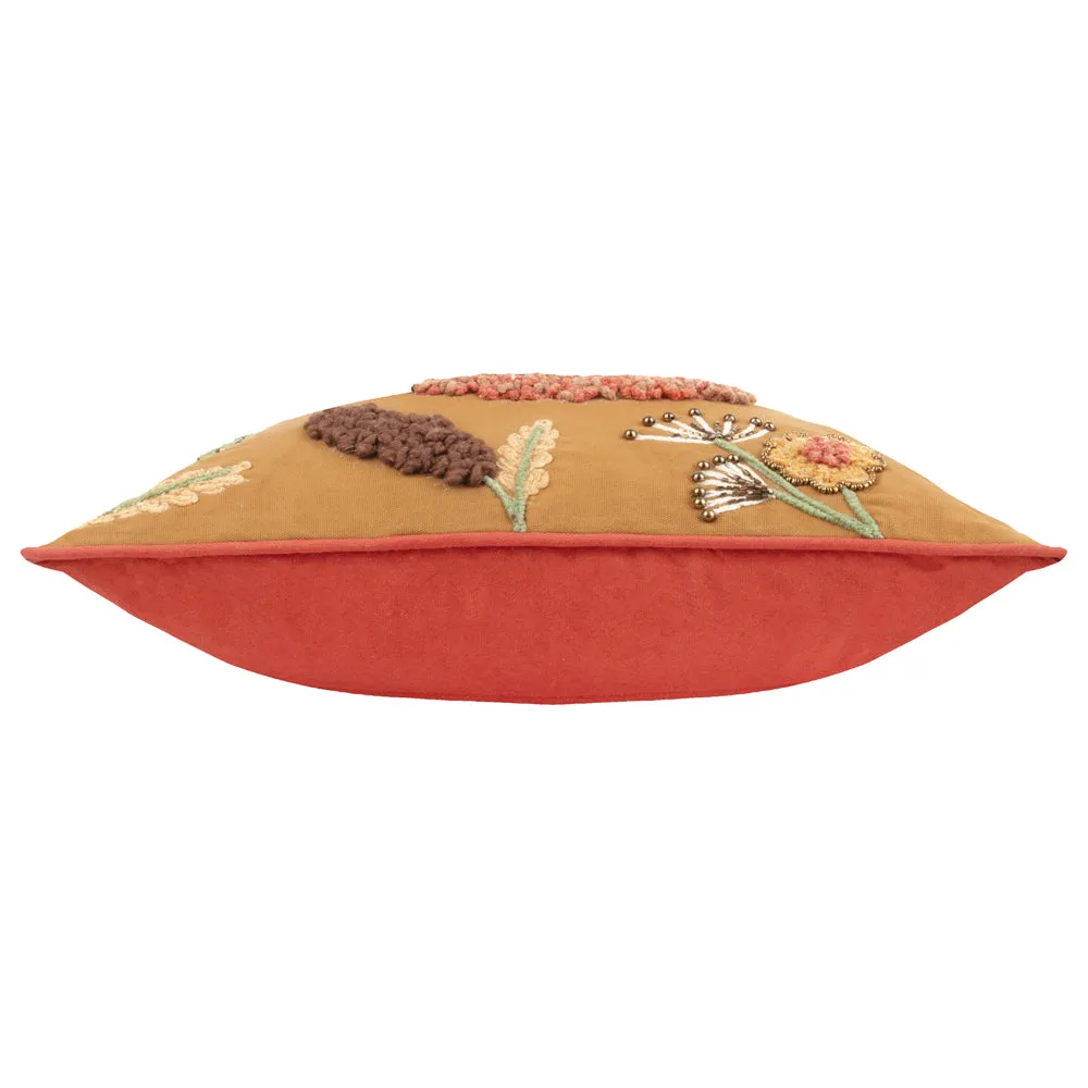 Mushroom Dell Embroidered Cotton Cushion Autumn Gold