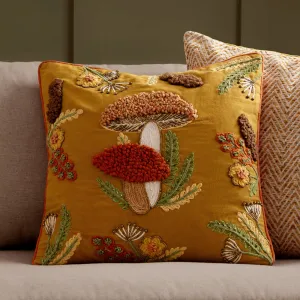 Mushroom Dell Embroidered Cotton Cushion Autumn Gold