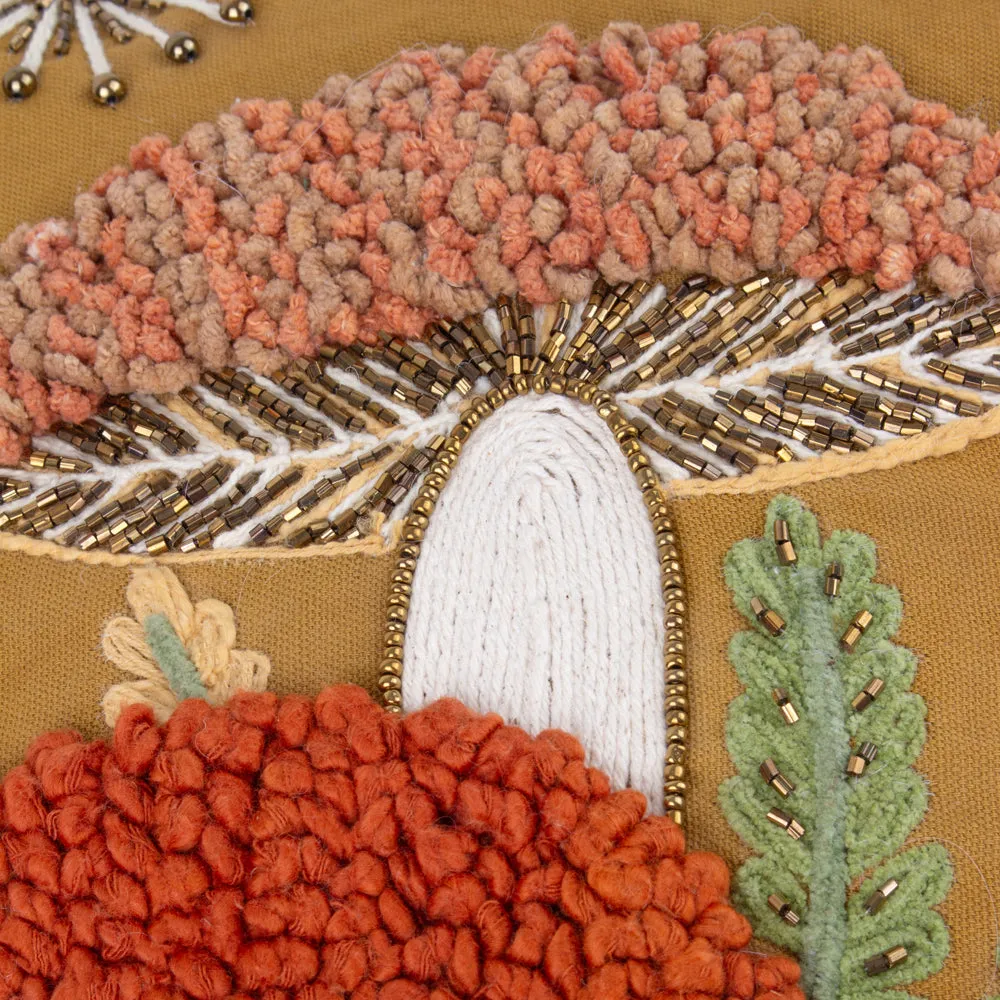 Mushroom Dell Embroidered Cotton Cushion Autumn Gold