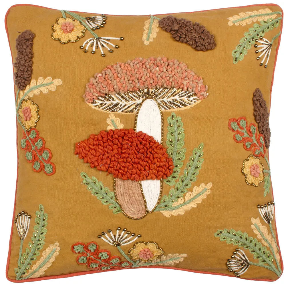 Mushroom Dell Embroidered Cotton Cushion Autumn Gold