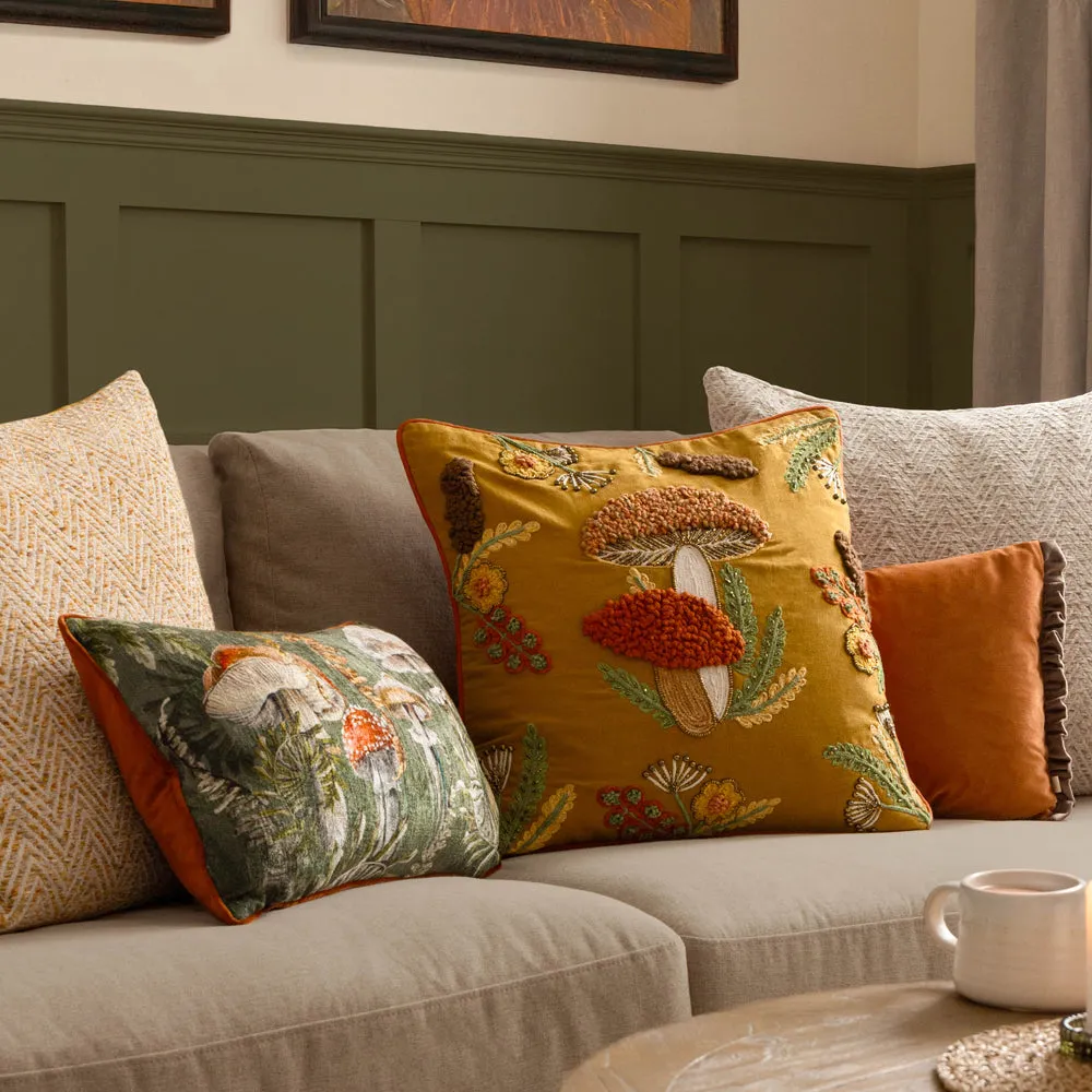 Mushroom Dell Embroidered Cotton Cushion Autumn Gold