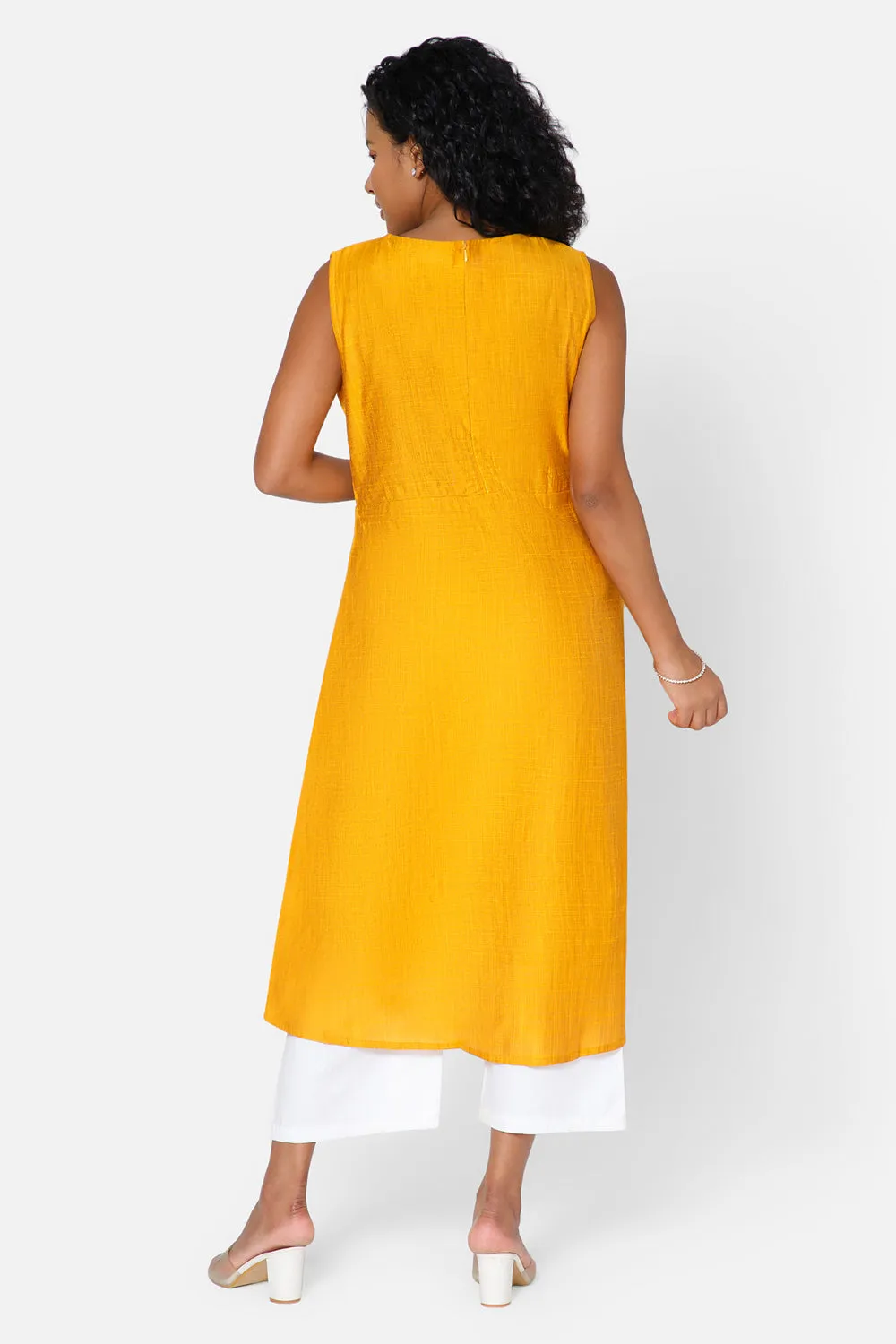 Oh Mom Sleeveless Cotton Maternity Kurthi with Round Neck and Feeding Zipper  - Yellow - KU08