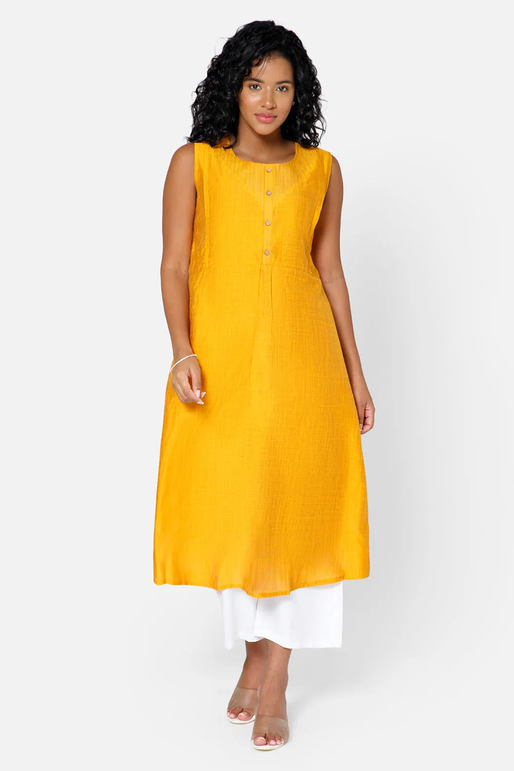 Oh Mom Sleeveless Cotton Maternity Kurthi with Round Neck and Feeding Zipper  - Yellow - KU08