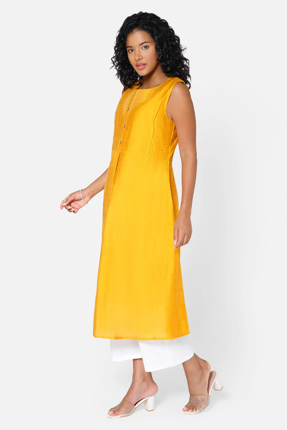 Oh Mom Sleeveless Cotton Maternity Kurthi with Round Neck and Feeding Zipper  - Yellow - KU08