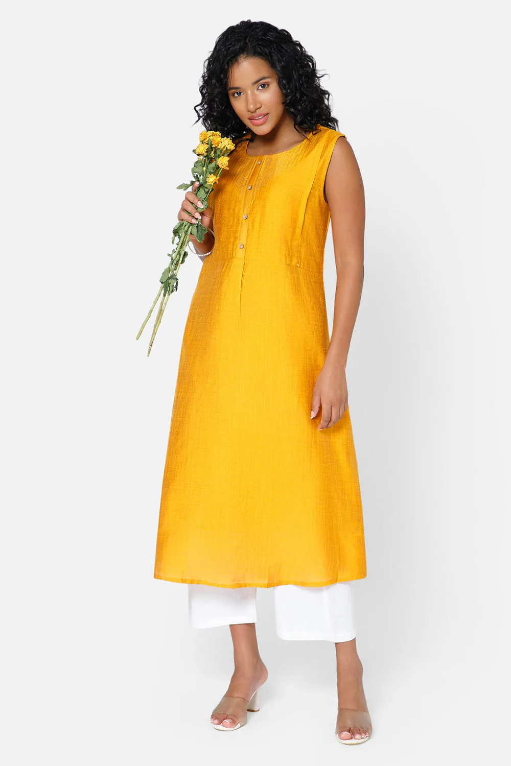 Oh Mom Sleeveless Cotton Maternity Kurthi with Round Neck and Feeding Zipper  - Yellow - KU08