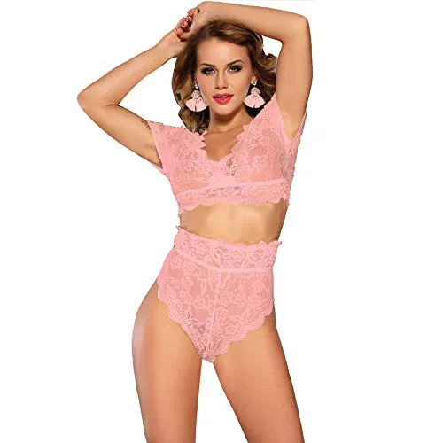 ohyeahlady Women Lingerie Set Sexy Lace Bra Bralette and High Waisted French Knickers Lace Panties Briefs Sets (Wine Red, XS-S)