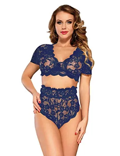 ohyeahlady Women Lingerie Set Sexy Lace Bra Bralette and High Waisted French Knickers Lace Panties Briefs Sets (Wine Red, XS-S)