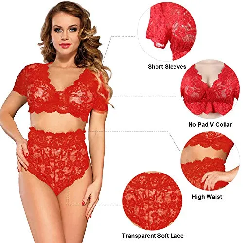 ohyeahlady Women Lingerie Set Sexy Lace Bra Bralette and High Waisted French Knickers Lace Panties Briefs Sets (Wine Red, XS-S)