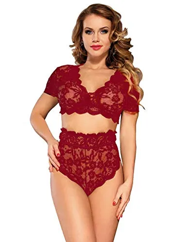 ohyeahlady Women Lingerie Set Sexy Lace Bra Bralette and High Waisted French Knickers Lace Panties Briefs Sets (Wine Red, XS-S)