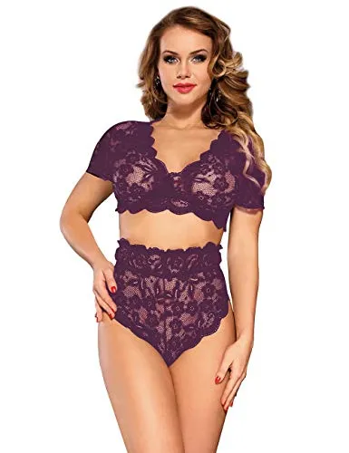 ohyeahlady Women Lingerie Set Sexy Lace Bra Bralette and High Waisted French Knickers Lace Panties Briefs Sets (Wine Red, XS-S)