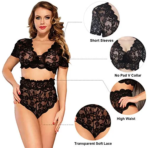 ohyeahlady Women Lingerie Set Sexy Lace Bra Bralette and High Waisted French Knickers Lace Panties Briefs Sets (Wine Red, XS-S)
