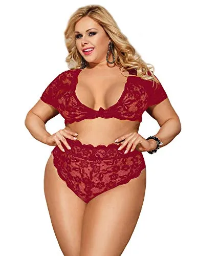 ohyeahlady Women Lingerie Set Sexy Lace Bra Bralette and High Waisted French Knickers Lace Panties Briefs Sets (Wine Red, XS-S)