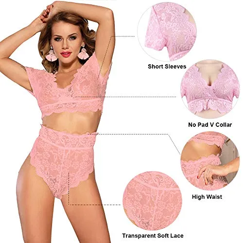 ohyeahlady Women Lingerie Set Sexy Lace Bra Bralette and High Waisted French Knickers Lace Panties Briefs Sets (Wine Red, XS-S)
