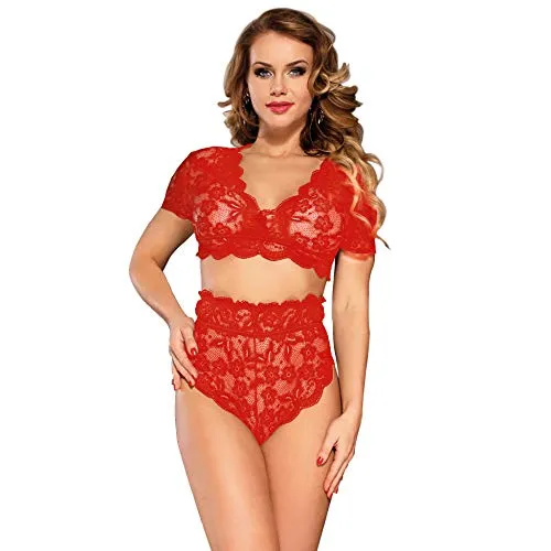 ohyeahlady Women Lingerie Set Sexy Lace Bra Bralette and High Waisted French Knickers Lace Panties Briefs Sets (Wine Red, XS-S)