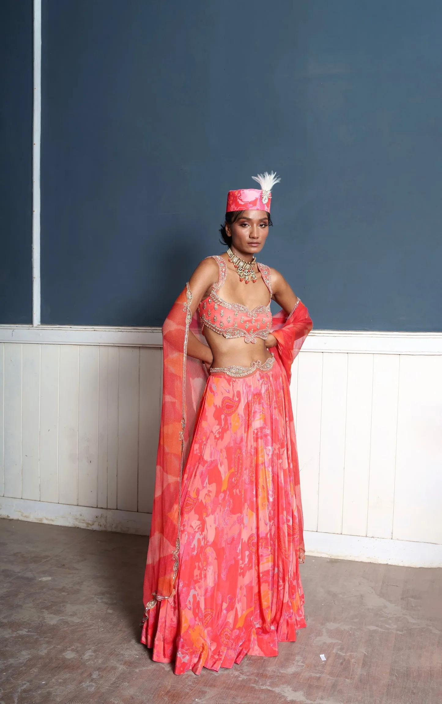 Paisley Embroidered Fiery Rose Printed Lehenga Set