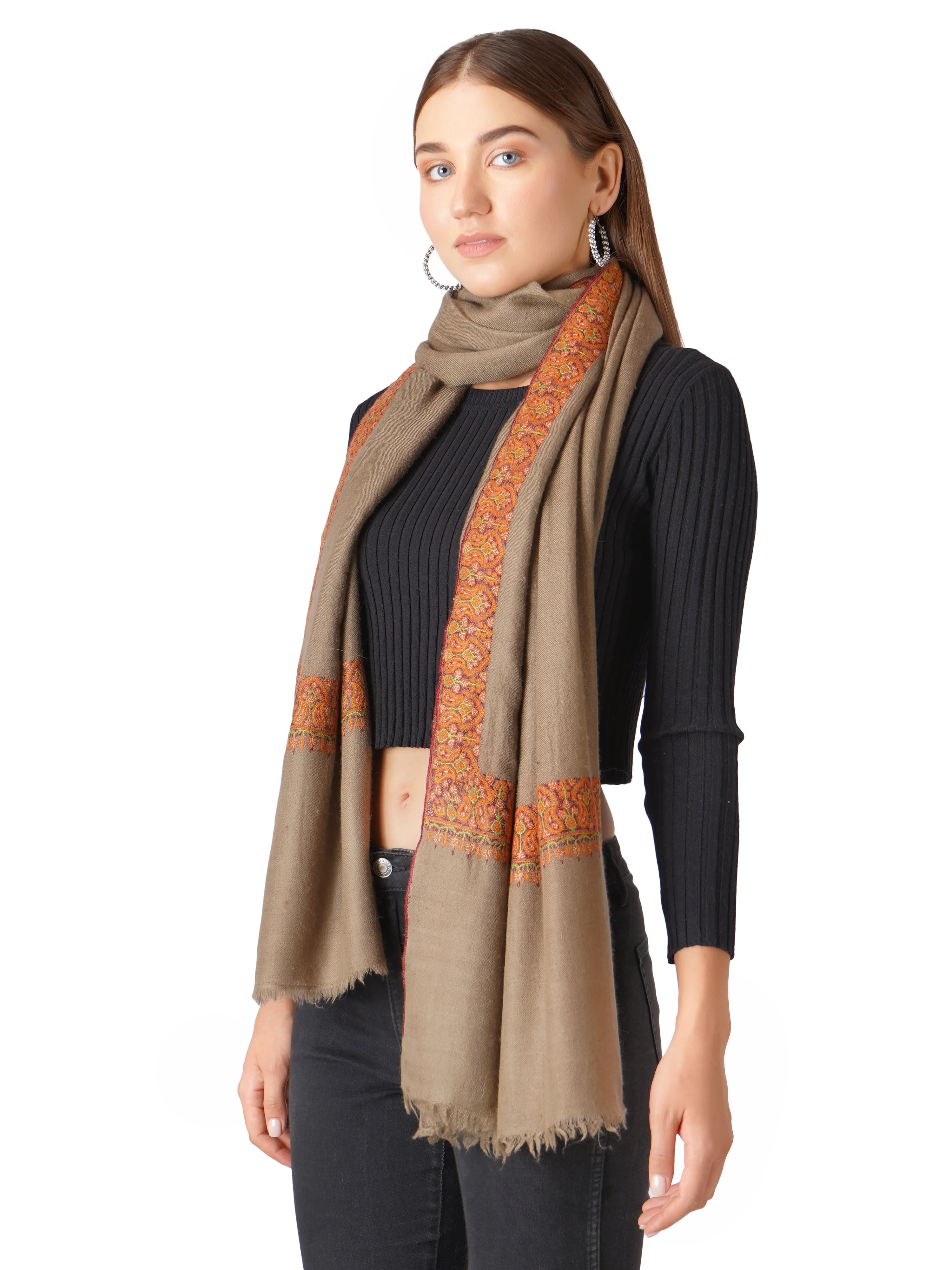 Pashmina Shawl with Exotic Floral Sozni Embroidery - Handmade and Hand-Embroidered - Natural Tosh