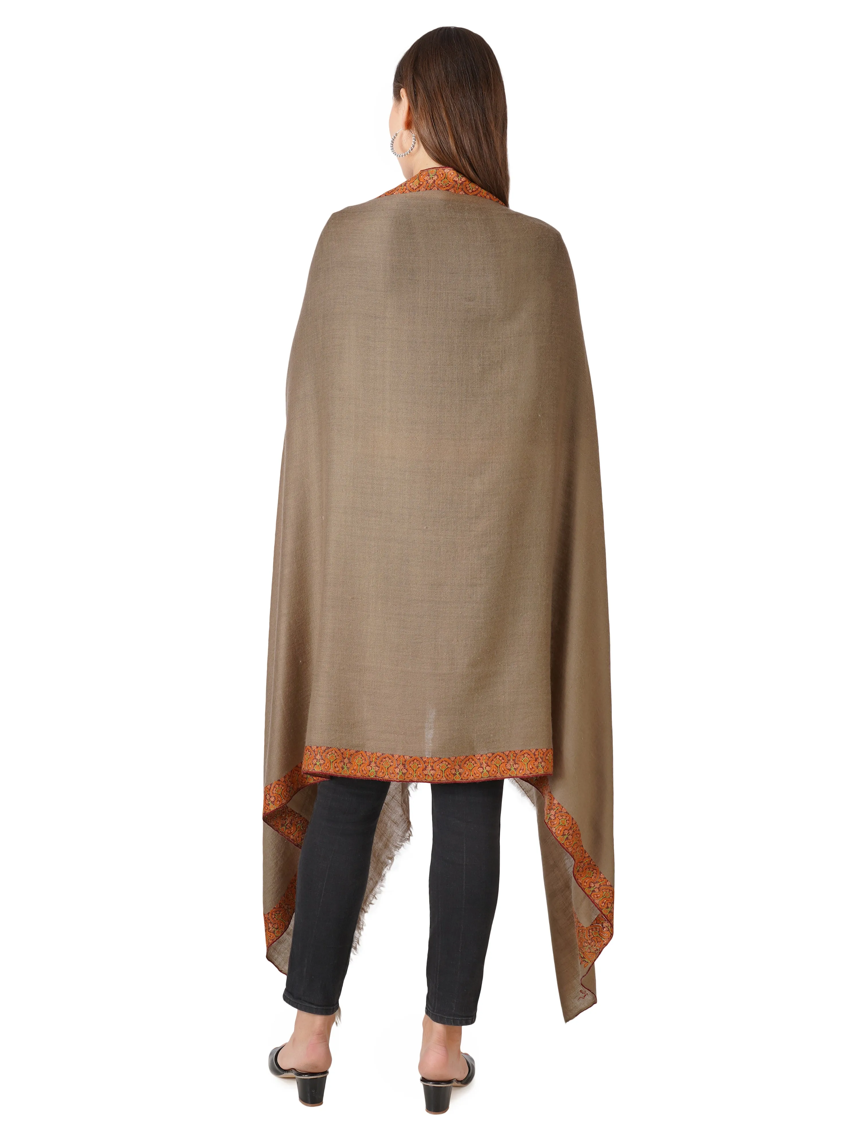 Pashmina Shawl with Exotic Floral Sozni Embroidery - Handmade and Hand-Embroidered - Natural Tosh