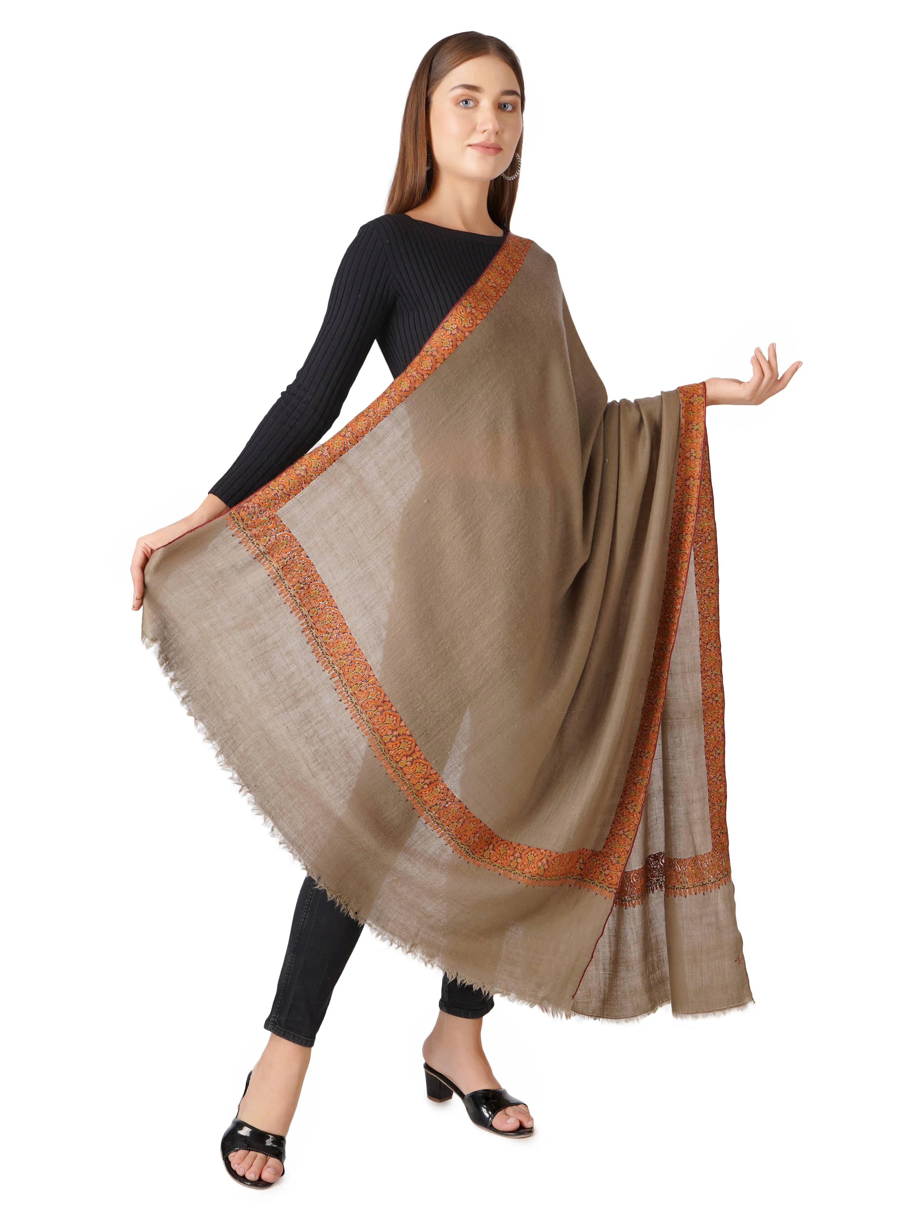 Pashmina Shawl with Exotic Floral Sozni Embroidery - Handmade and Hand-Embroidered - Natural Tosh