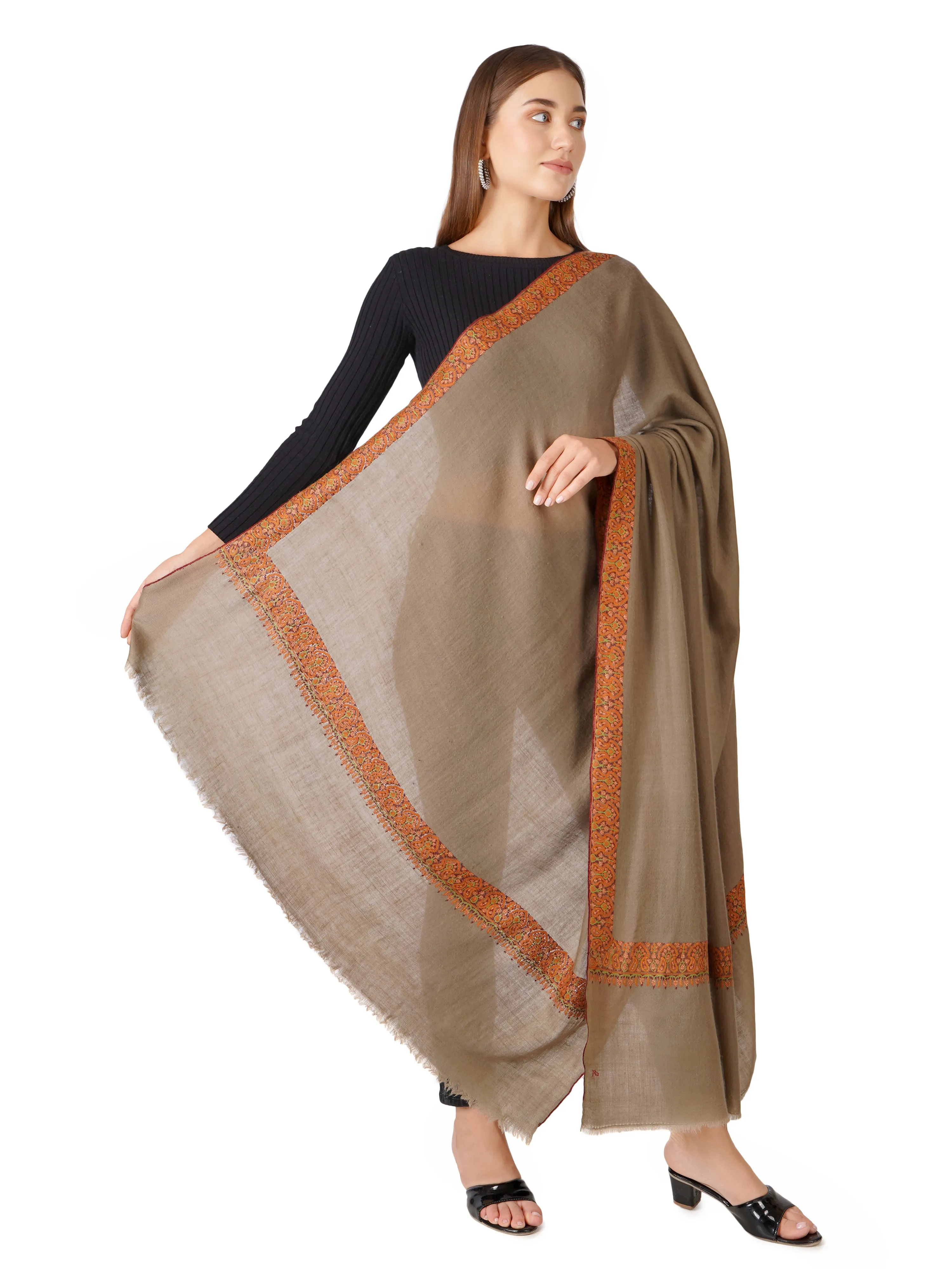 Pashmina Shawl with Exotic Floral Sozni Embroidery - Handmade and Hand-Embroidered - Natural Tosh