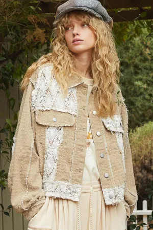 POL Sand Crochet Patch Embroidered Button Up Jacket