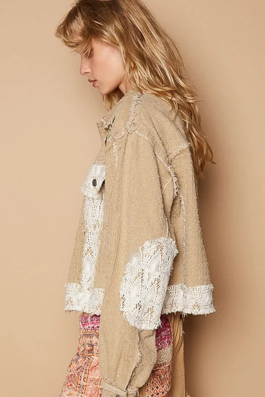 POL Sand Crochet Patch Embroidered Button Up Jacket
