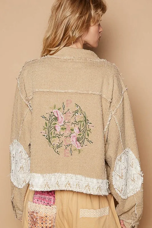 POL Sand Crochet Patch Embroidered Button Up Jacket