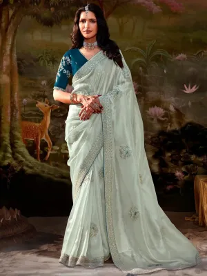 Powder Blue Pure Organza Sequins Embroidered Designer Saree