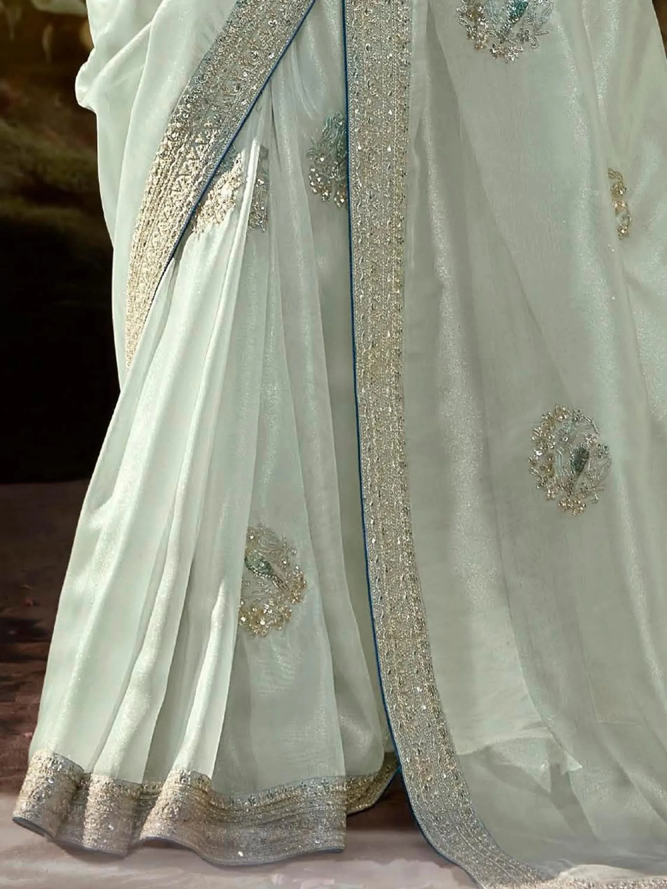 Powder Blue Pure Organza Sequins Embroidered Designer Saree