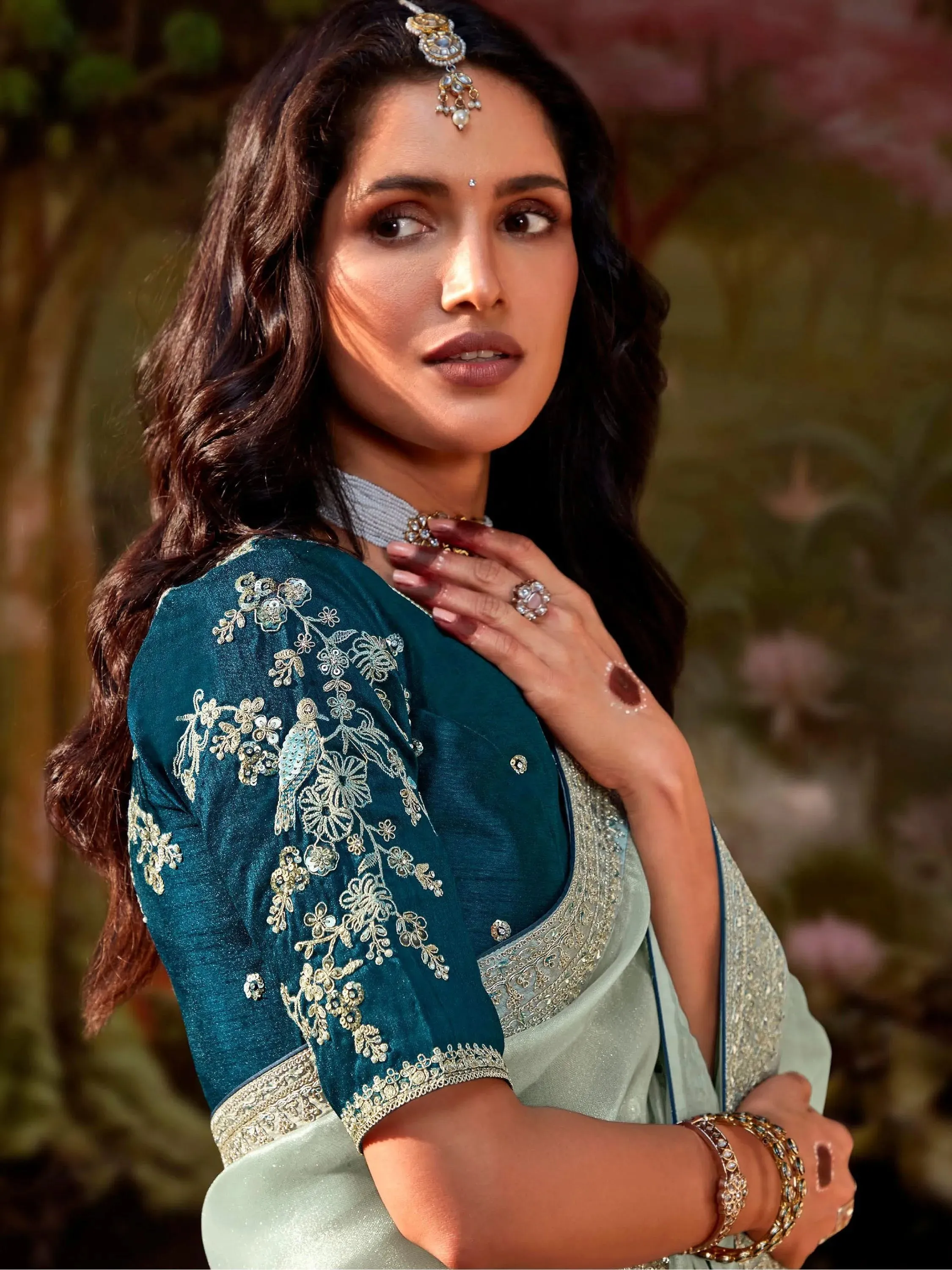 Powder Blue Pure Organza Sequins Embroidered Designer Saree