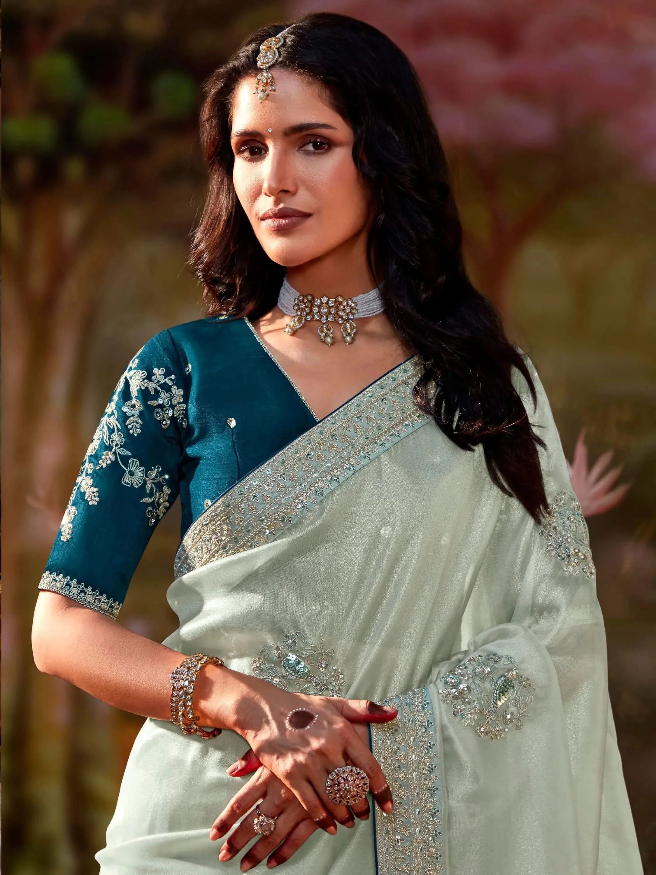Powder Blue Pure Organza Sequins Embroidered Designer Saree