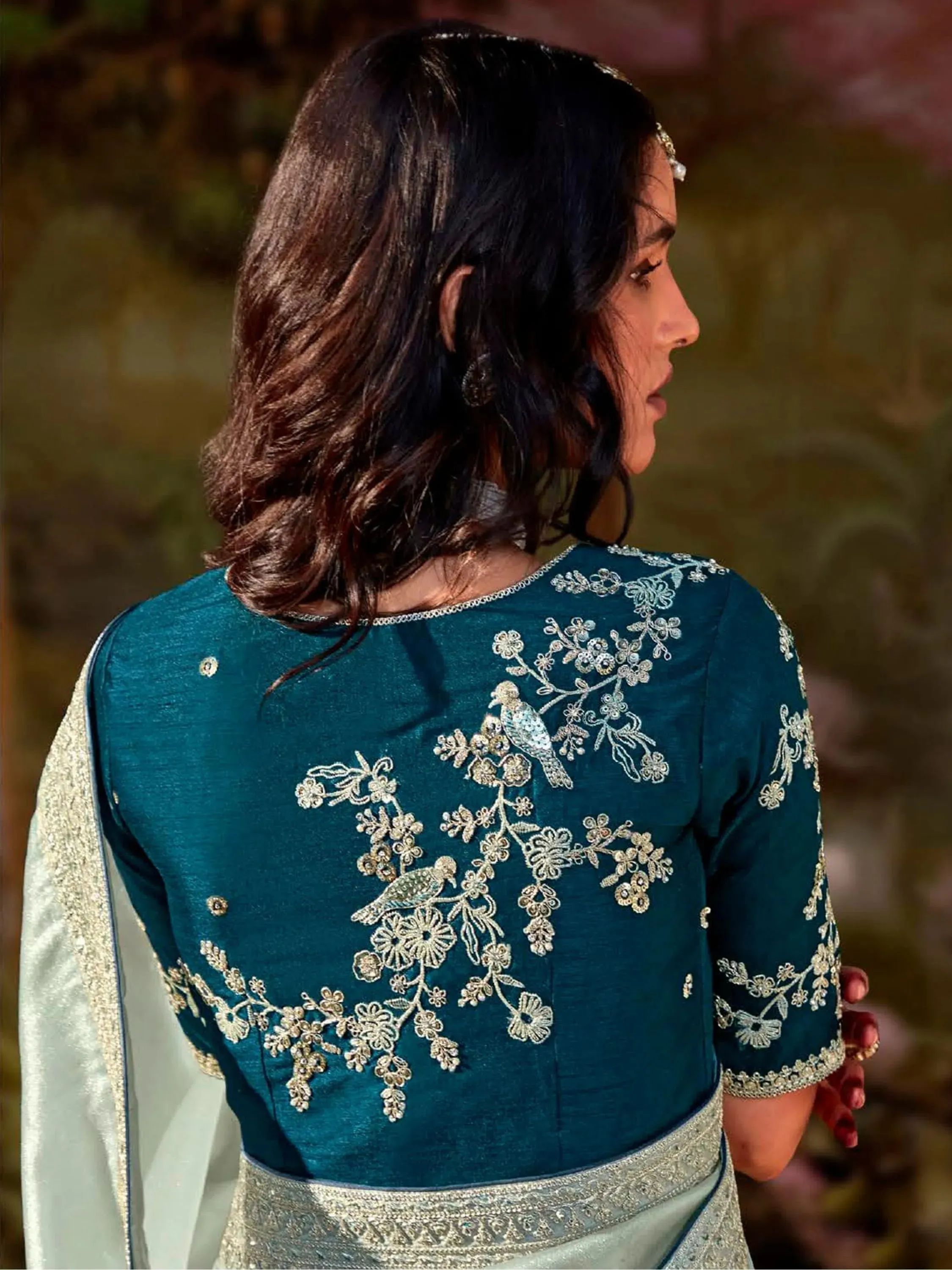 Powder Blue Pure Organza Sequins Embroidered Designer Saree