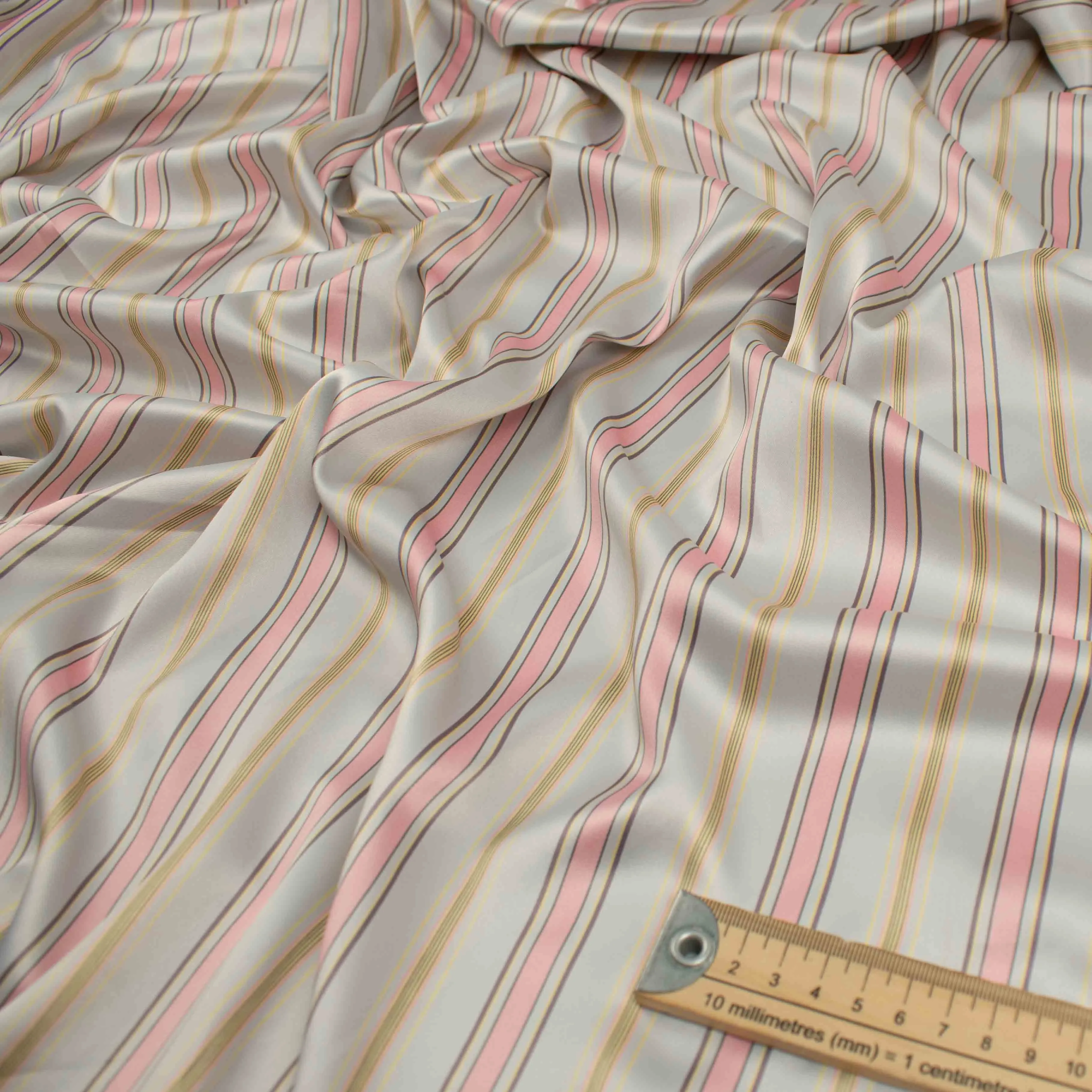 Printed Satin Design-28 Baby Pink Stripes on Silver