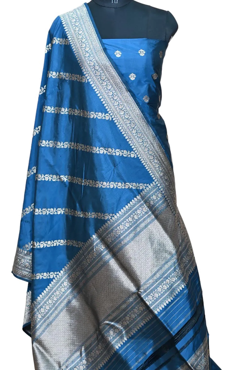Pure Katan Silk Blue Banarasi Handloom Suit Set - Unstitched 3 Piece