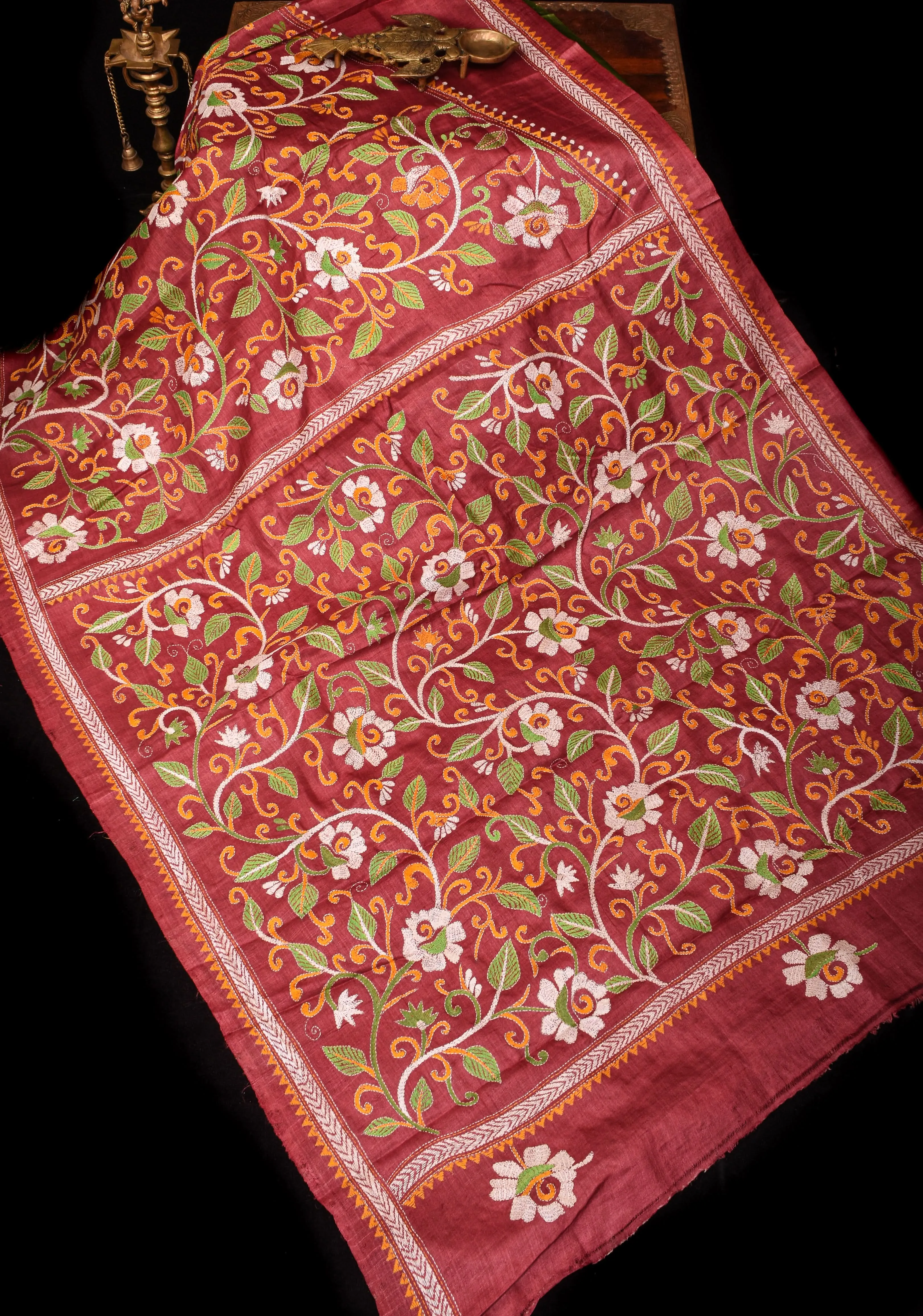 Pure Tussar Silk Saree in Light Maroon and Henna Green  half and Half design with Full Jaal Pallu and Rising Borders | SILK MARK CERTIFIED