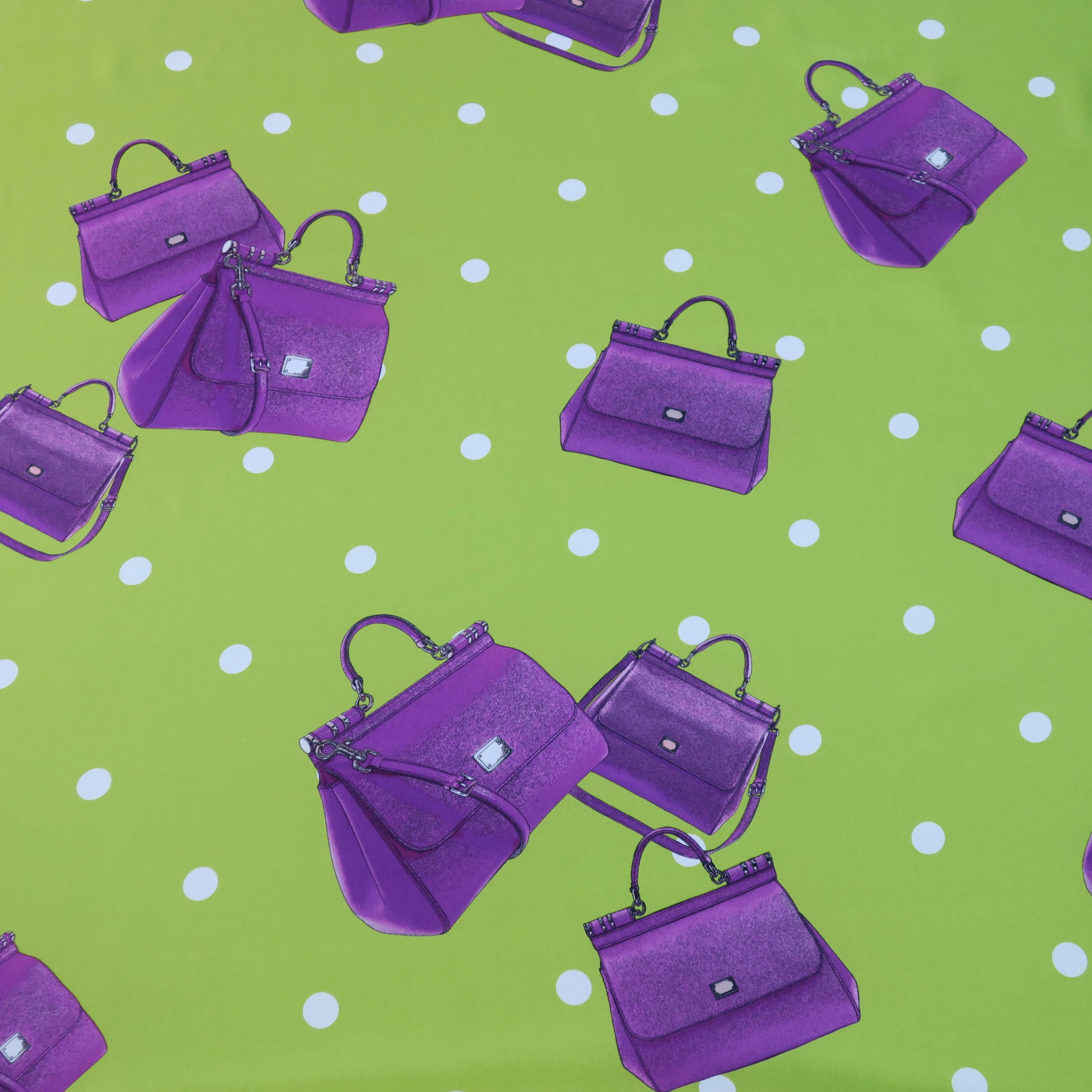 Purple Purses on Avocado Green Ground Printed Silk Charmeuse