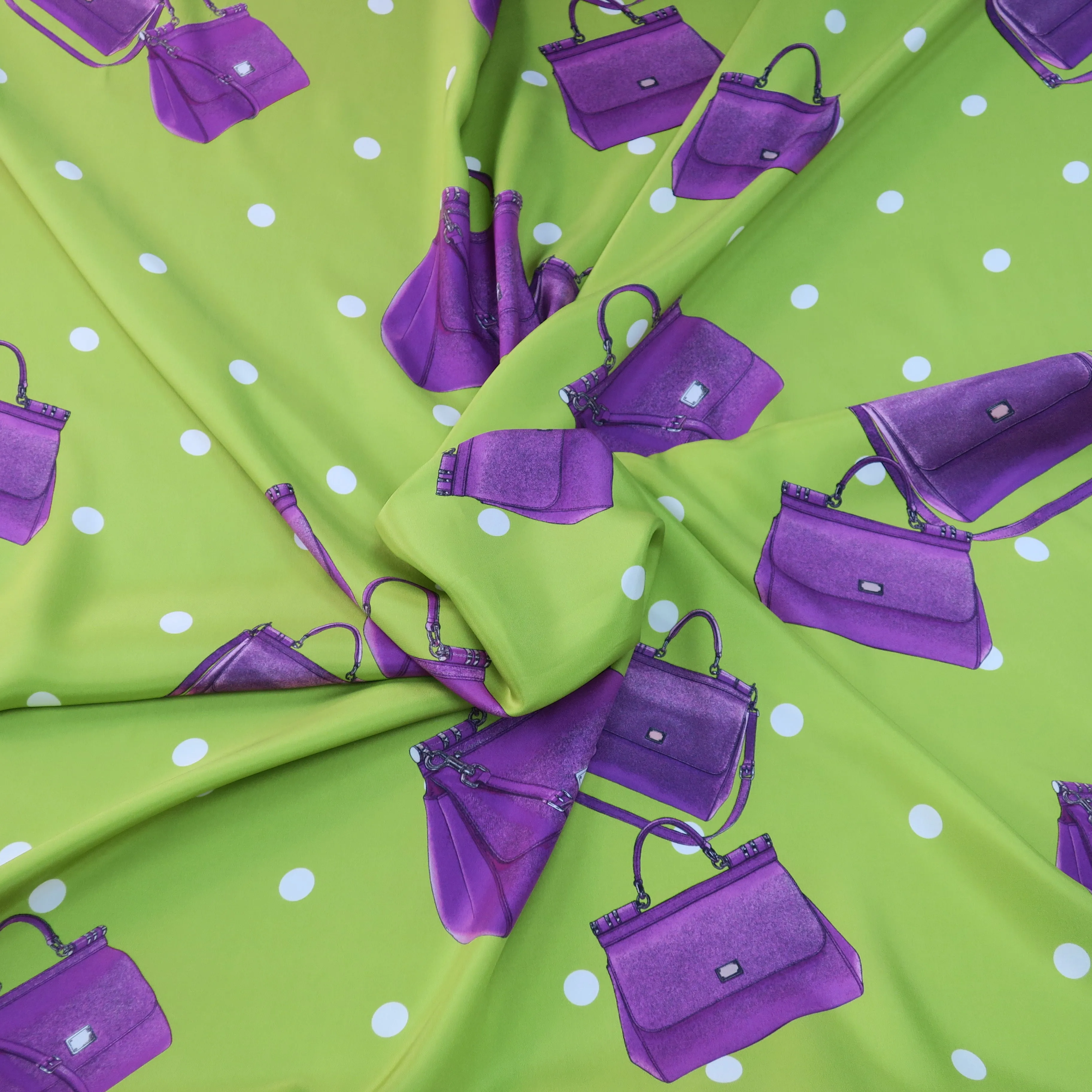 Purple Purses on Avocado Green Ground Printed Silk Charmeuse