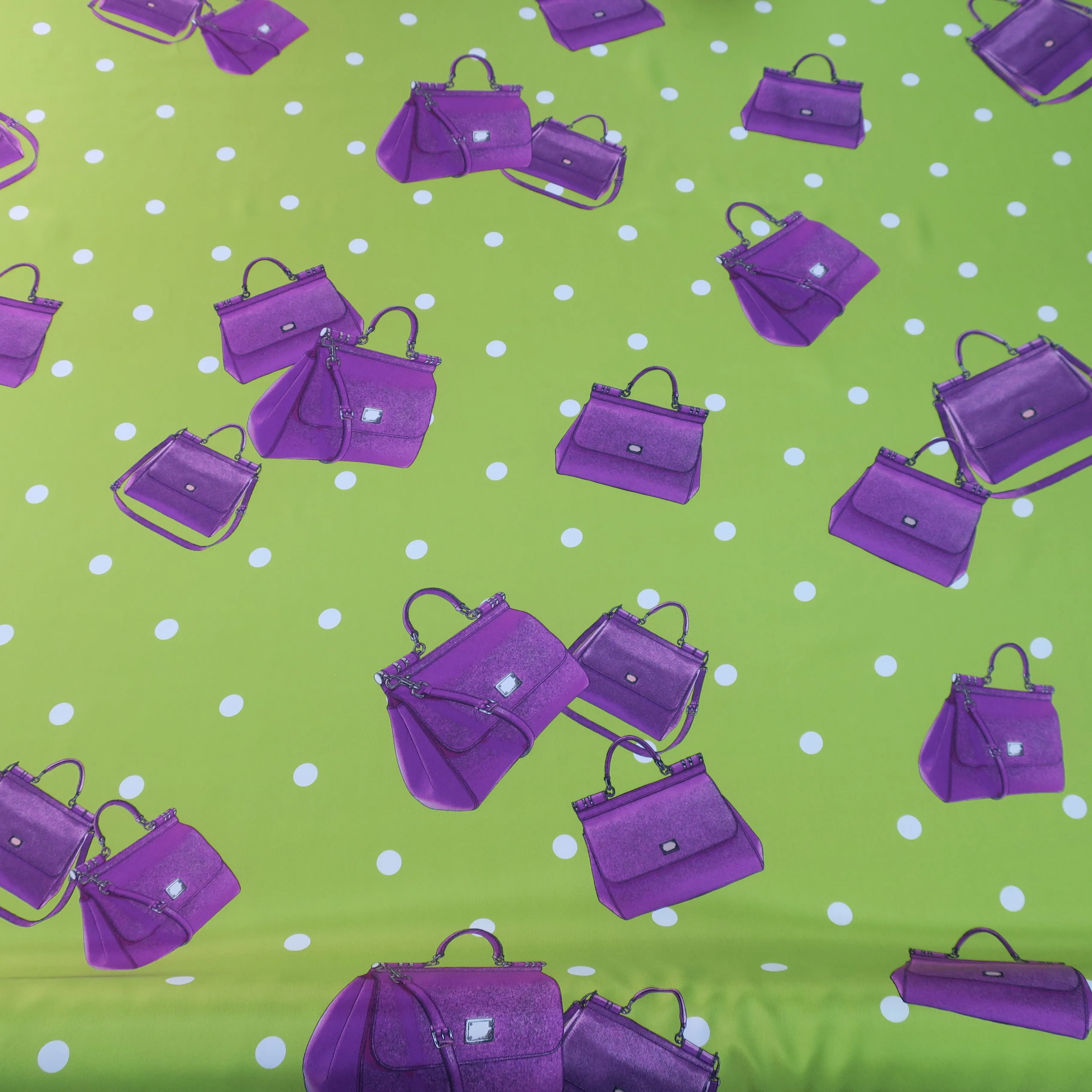 Purple Purses on Avocado Green Ground Printed Silk Charmeuse