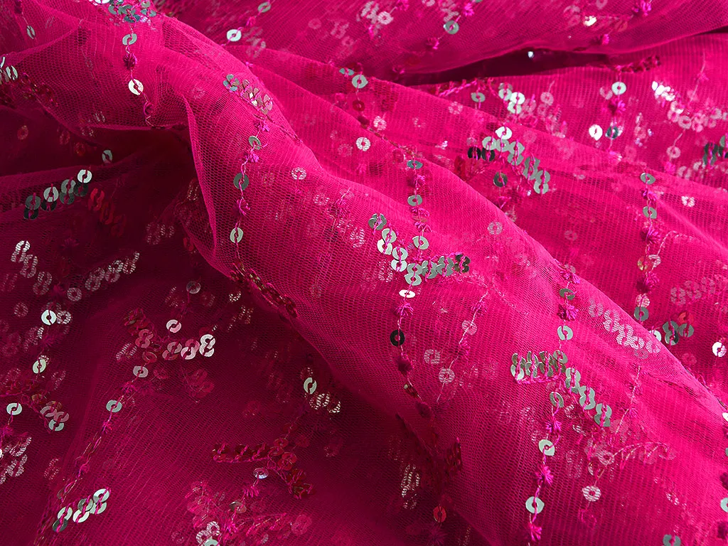 Rani Pink Abstract Thread & Sequins Embroidered Net Fabric