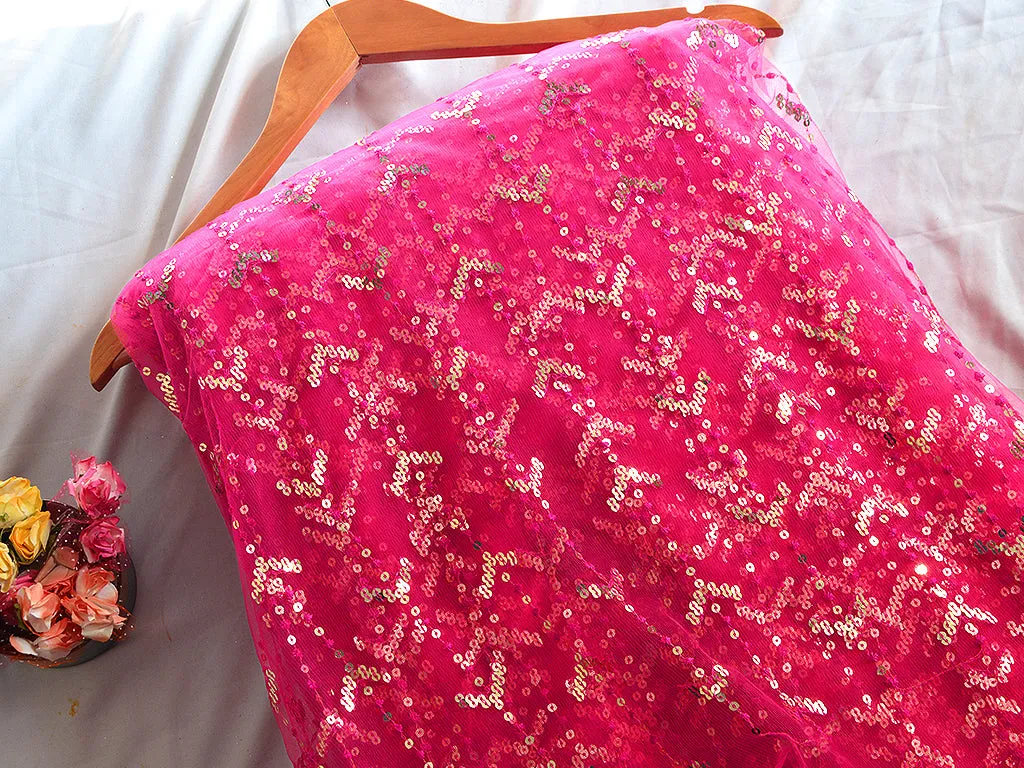 Rani Pink Abstract Thread & Sequins Embroidered Net Fabric