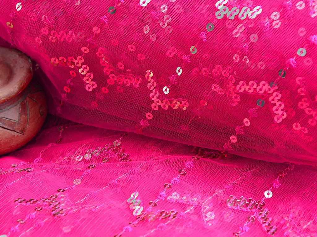 Rani Pink Abstract Thread & Sequins Embroidered Net Fabric