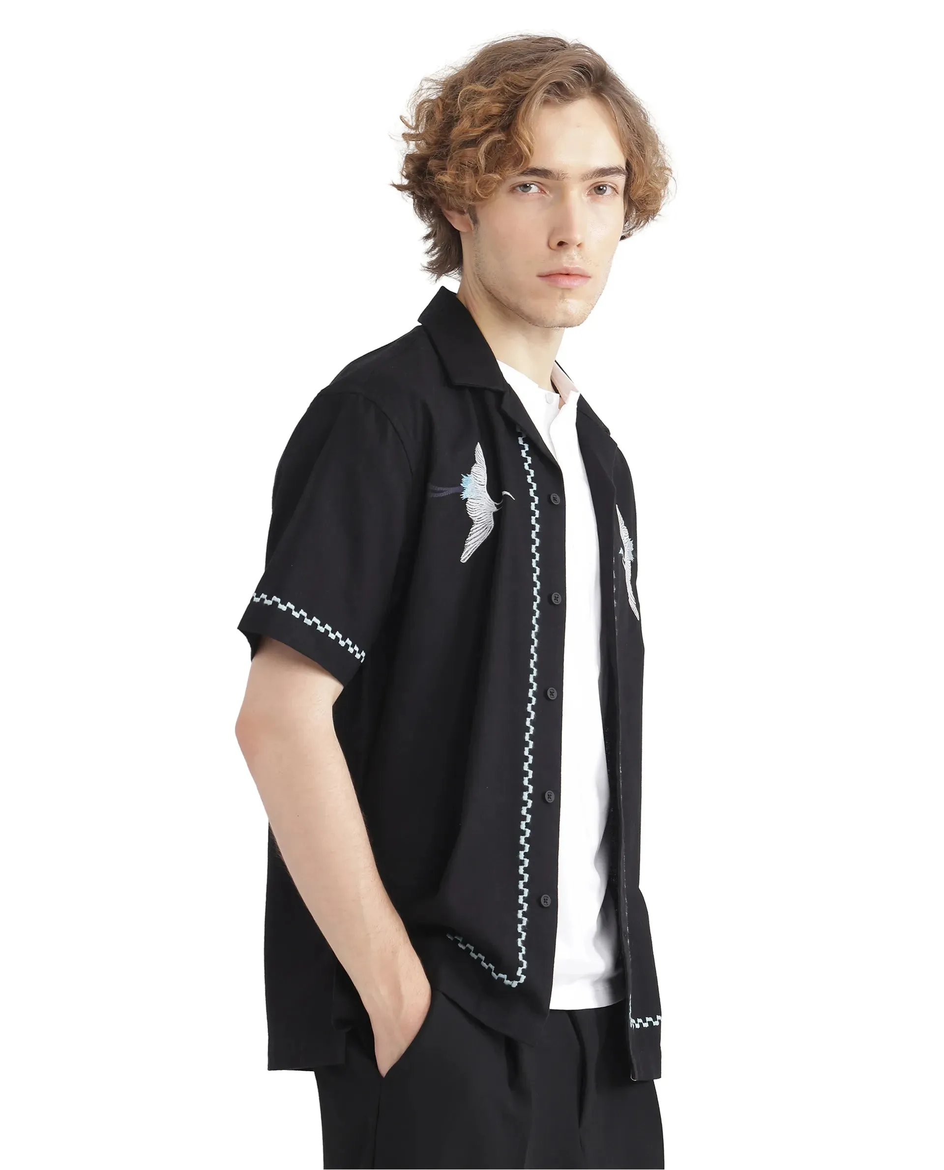 Rare Rabbit Men Yoko Black Cotton Fabric Cuban Collar Embroidered Shirt