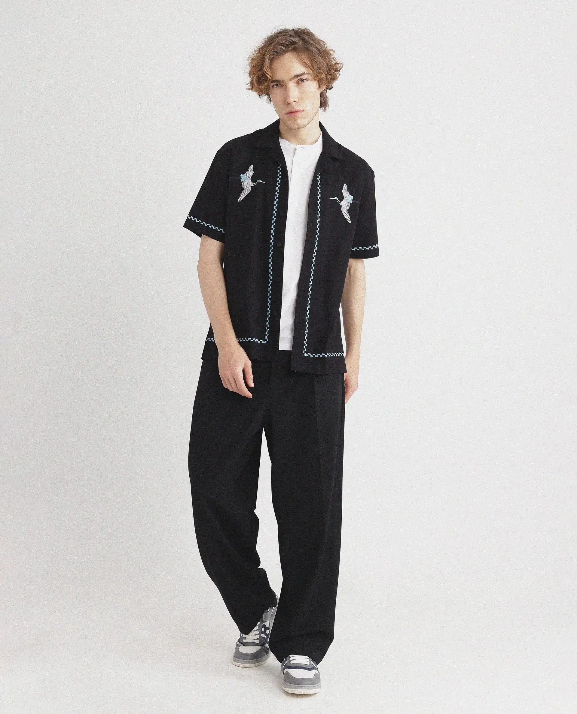 Rare Rabbit Men Yoko Black Cotton Fabric Cuban Collar Embroidered Shirt