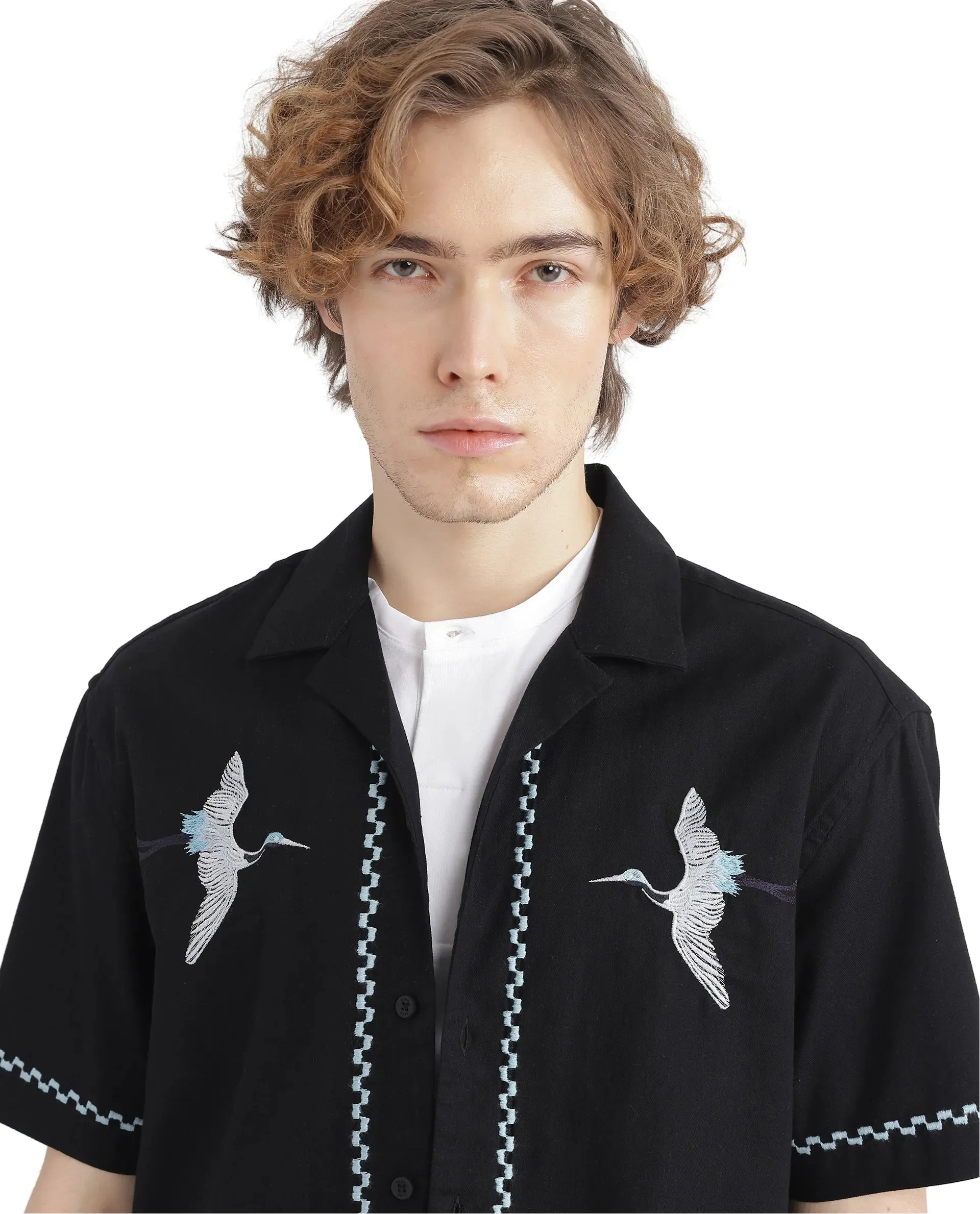 Rare Rabbit Men Yoko Black Cotton Fabric Cuban Collar Embroidered Shirt