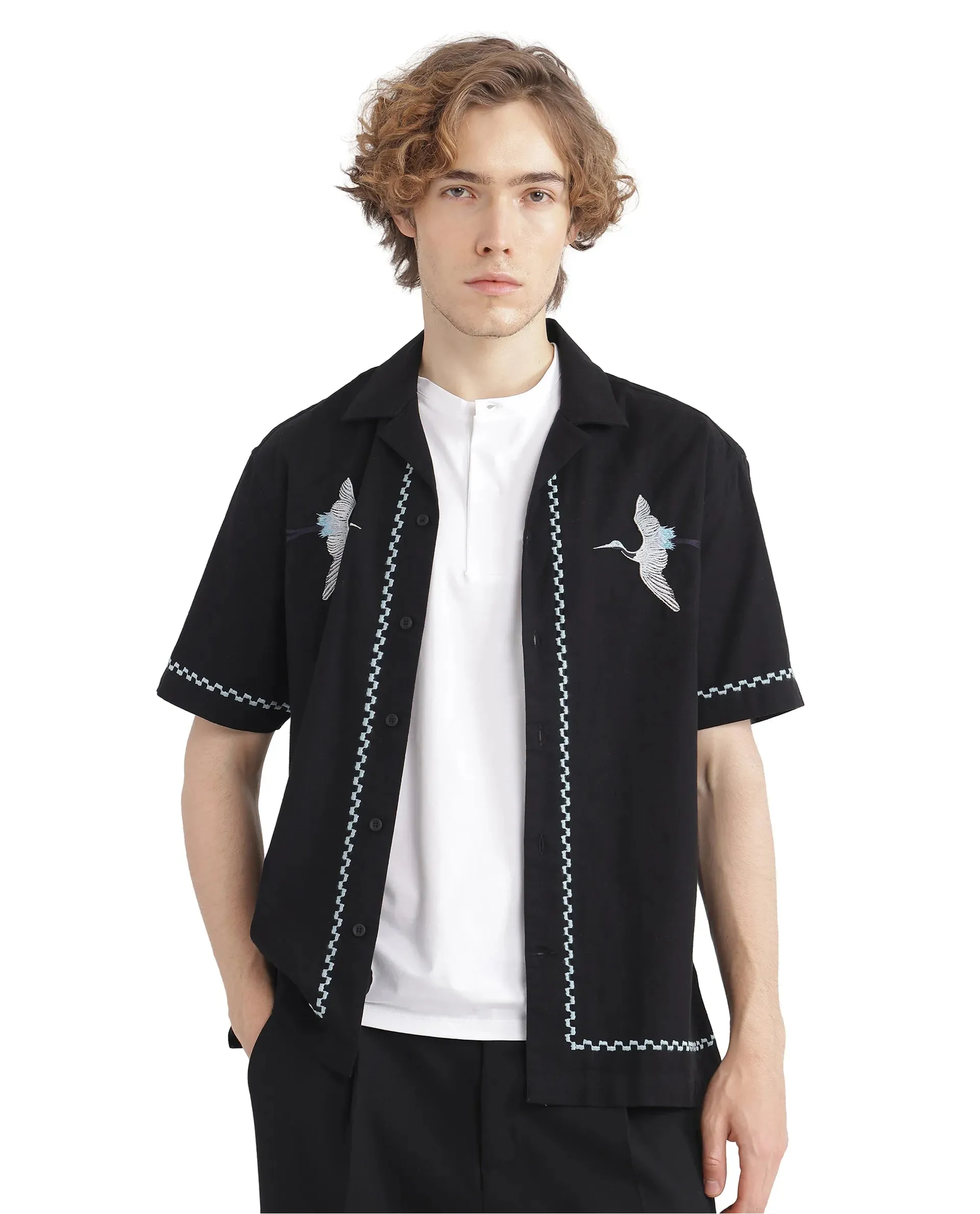 Rare Rabbit Men Yoko Black Cotton Fabric Cuban Collar Embroidered Shirt
