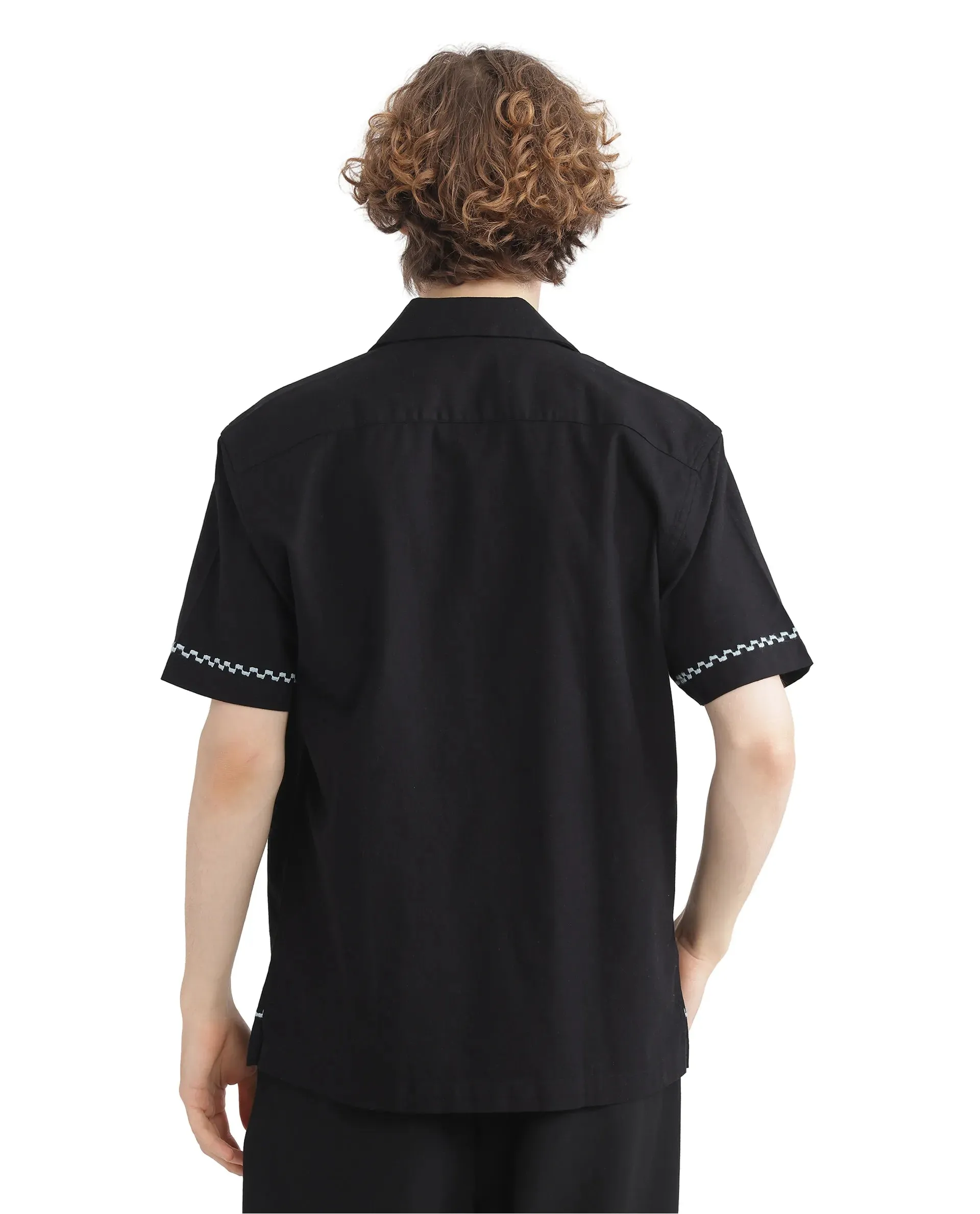 Rare Rabbit Men Yoko Black Cotton Fabric Cuban Collar Embroidered Shirt