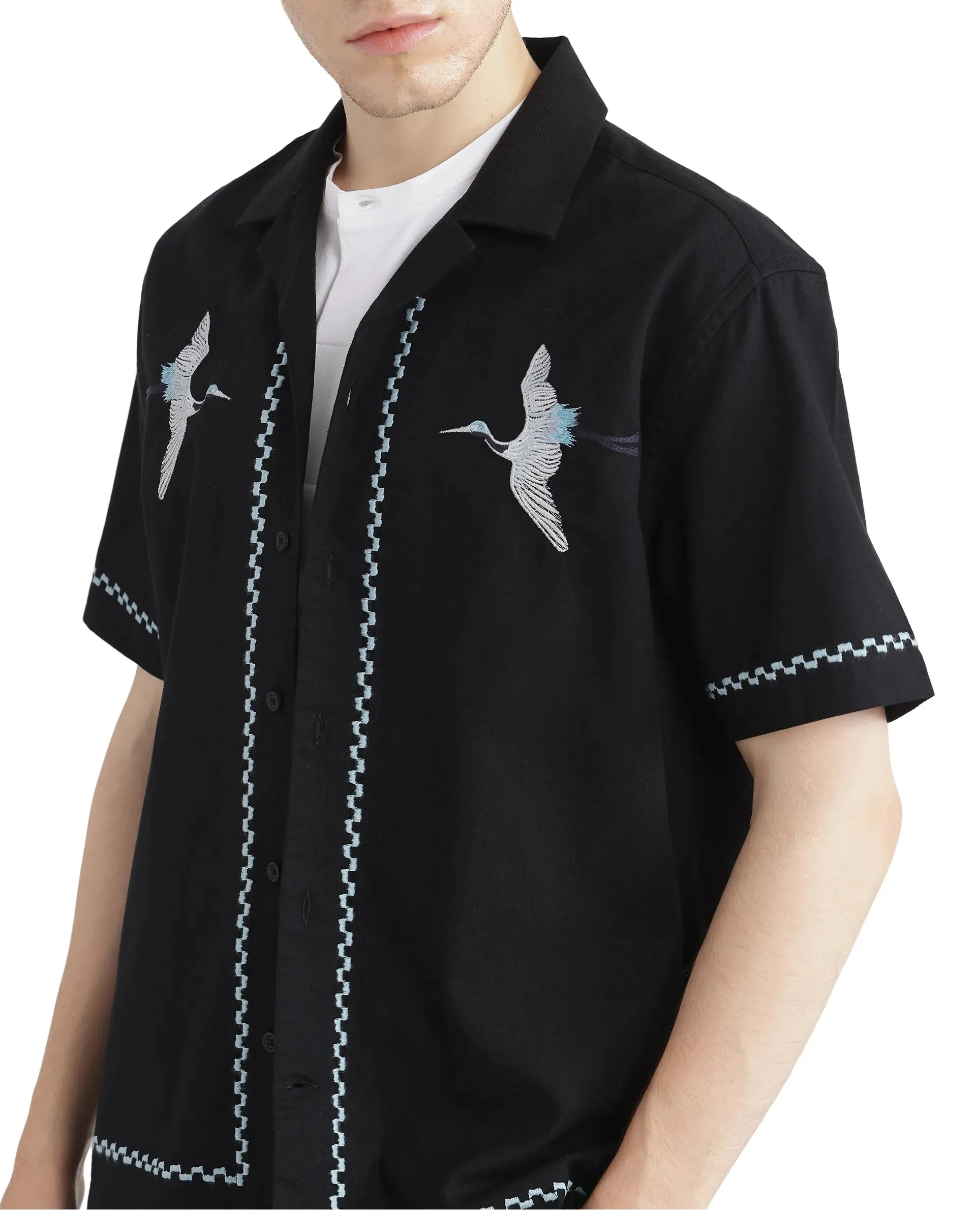 Rare Rabbit Men Yoko Black Cotton Fabric Cuban Collar Embroidered Shirt